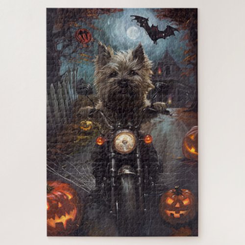 Cairn Terrier Riding Motorcycle Halloween Scary Jigsaw Puzzle