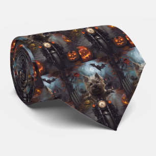 Cairn Terrier Riding Motorcycle Halloween Scary Neck Tie