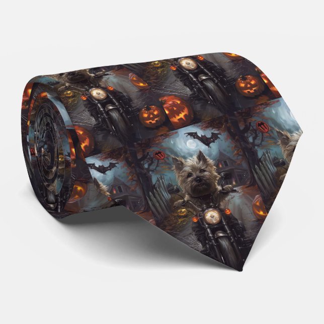 Cairn Terrier Riding Motorcycle Halloween Scary Neck Tie (Rolled)