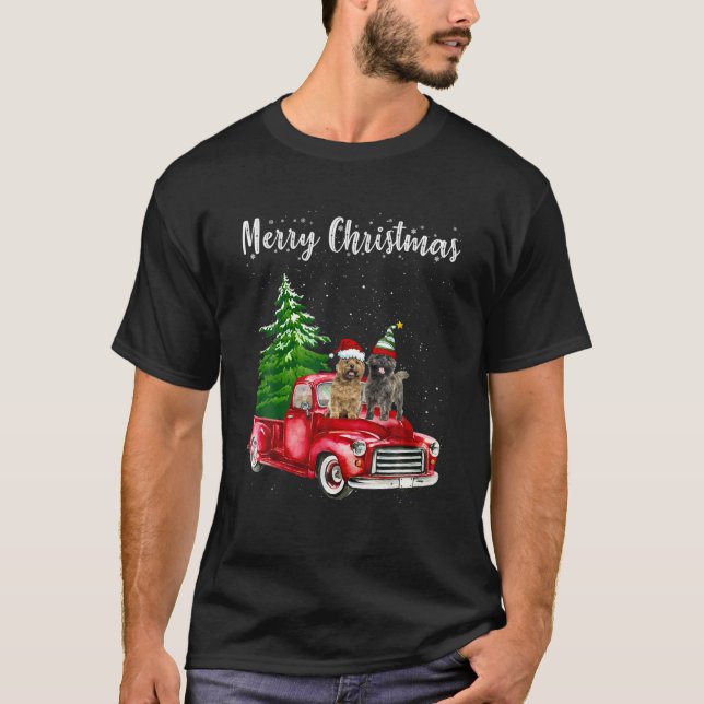 Cairn Terrier Riding Red Truck Merry Christmas Dog T-Shirt (Front)