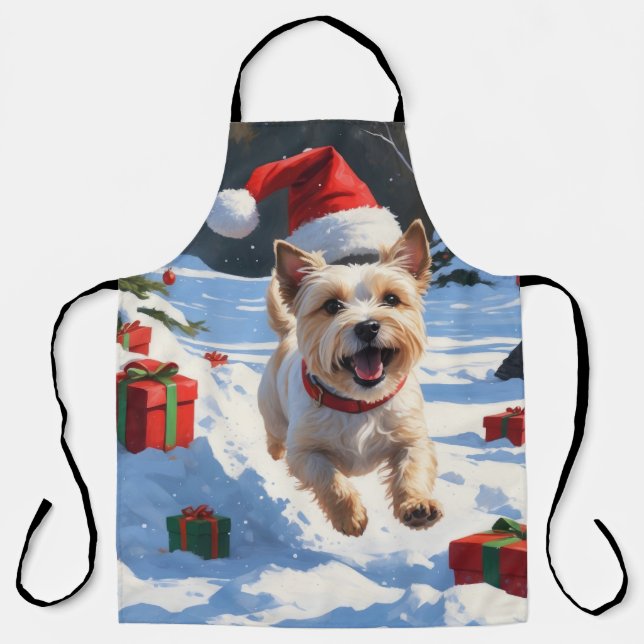 Cairn Terrier Running in Snow with Christmas Hat Apron (Front)