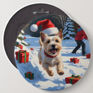 Cairn Terrier Running in Snow with Christmas Hat Button