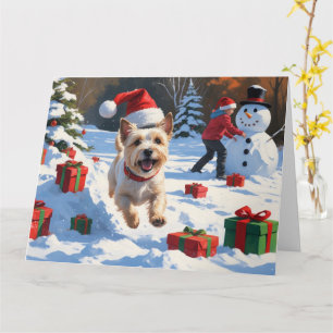 Cairn Terrier Running in Snow with Christmas Hat Card