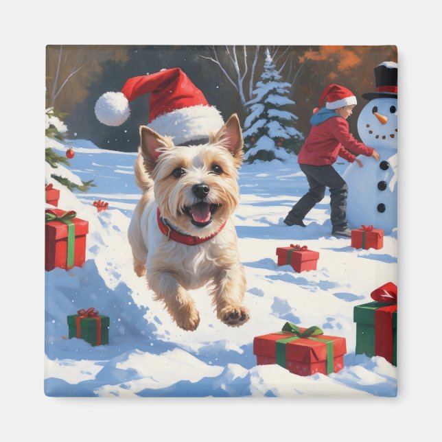 Cairn Terrier Running in Snow with Christmas Hat Magnet (Front)