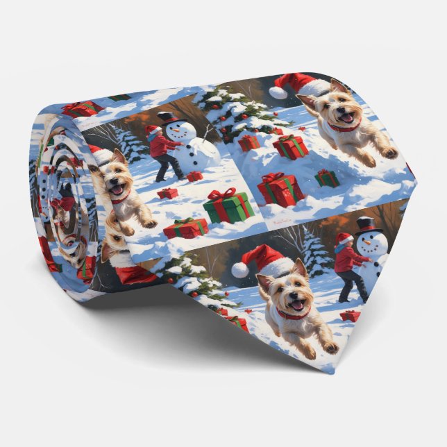 Cairn Terrier Running in Snow with Christmas Hat Neck Tie (Rolled)