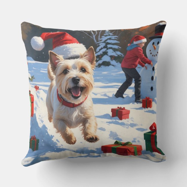 Cairn Terrier Running in Snow with Christmas Hat Throw Pillow (Back)