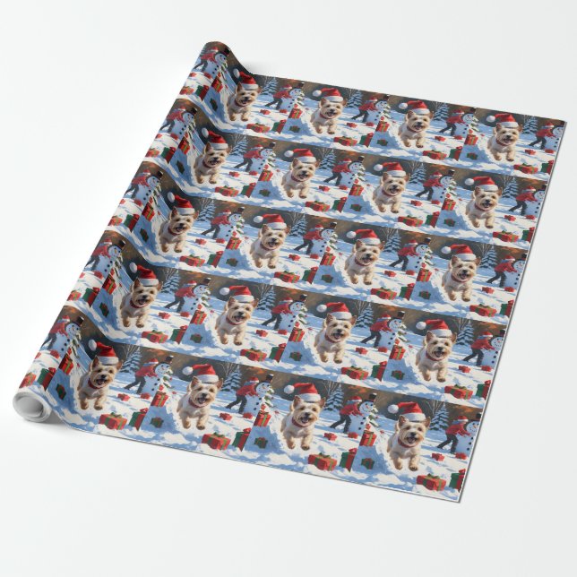 Cairn Terrier Running in Snow with Christmas Hat Wrapping Paper (Unrolled)