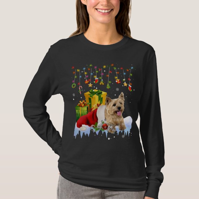 Cairn Terrier Santa Hat Christmas Lights Christmas T-Shirt (Front)