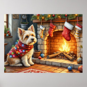 Cairn Terrier Sitting Fireplace Christmas Lights Poster