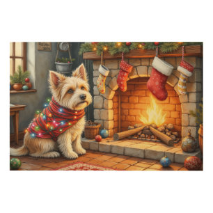 Cairn Terrier Sitting Fireplace Christmas Lights Wood Wall Art