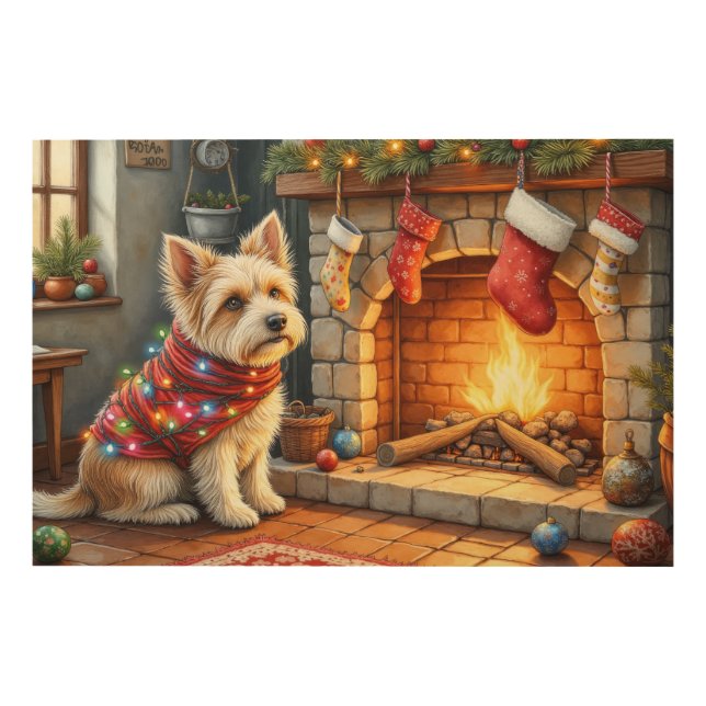 Cairn Terrier Sitting Fireplace Christmas Lights Wood Wall Art (Front)