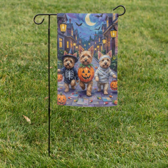 Cairn Terrier Trick-or-Treating Halloween Costumes Garden Flag (In SItu)