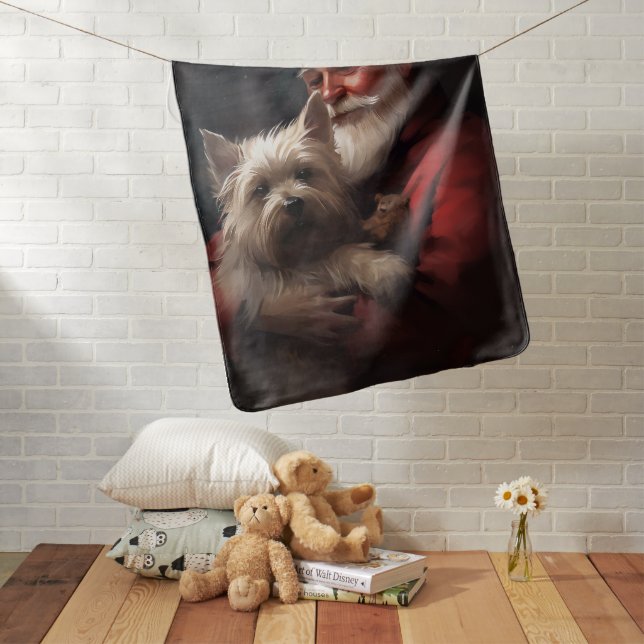 Cairn Terrier With Santa Claus Festive Christmas Baby Blanket (In Situ)