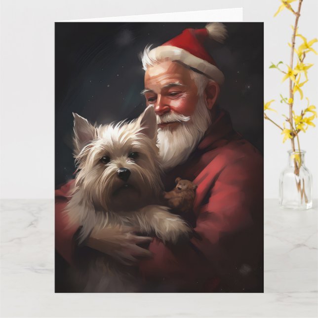 Cairn Terrier With Santa Claus Festive Christmas Card (Yellow Flower)