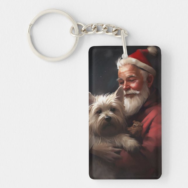 Cairn Terrier With Santa Claus Festive Christmas Keychain (Front)