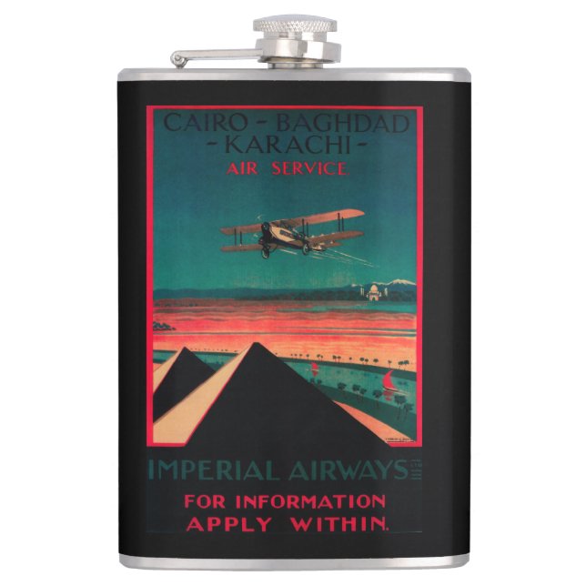 Cairo - Bagdad - Karachi Air Vintage Poster Hip Flask (Front)