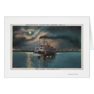 Cairo, IL - Night View of Steamer on Miss. River Cards