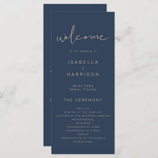 CAITLIN Edgy Navy and Gold Simple Wedding Program (Front/Back)