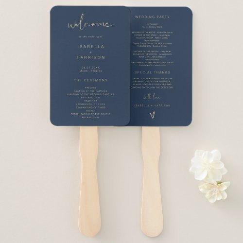 CAITLIN Edgy Navy Gold Romantic Wedding Program Hand Fan