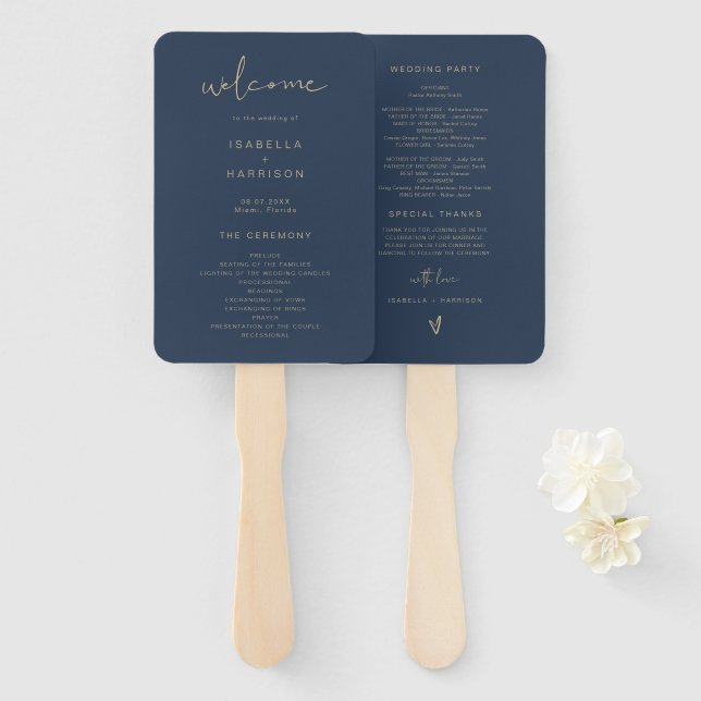 CAITLIN Edgy Navy Gold Romantic Wedding Program Hand Fan (Front and Back)