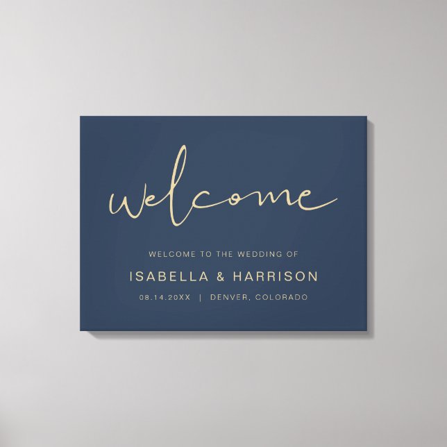 CAITLIN Elegant Gold and Navy Wedding Welcome Canvas Print (Front)