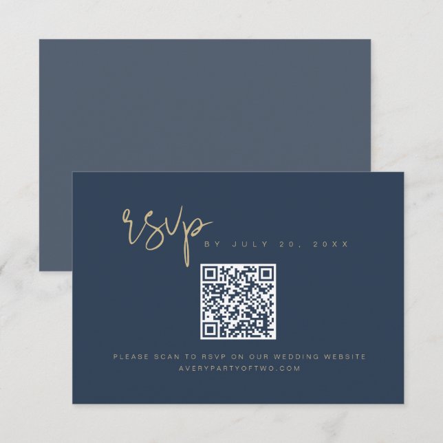 CAITLIN Elegant Navy and Gold QR Code RSVP Card (Front/Back)