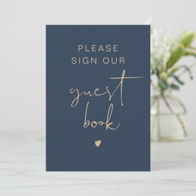 CAITLIN Elegant Navy & Gold Guest Book Sign Card (Standing Front)