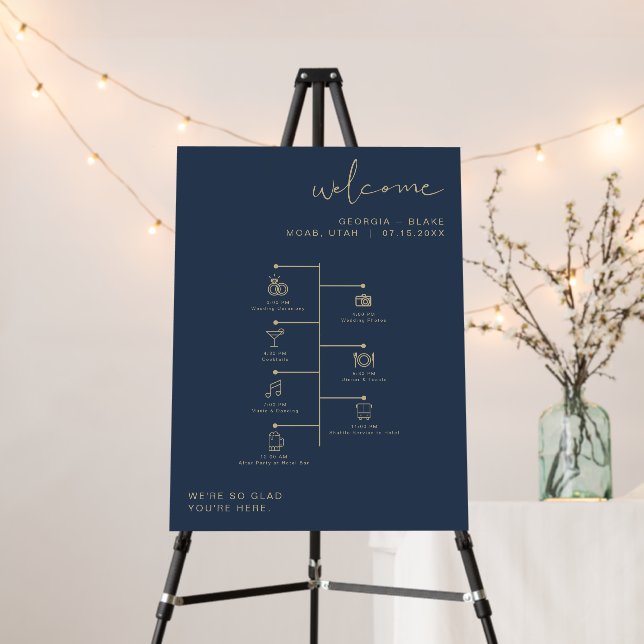 CAITLIN Elegant Navy & Gold Wedding Icon Timeline Foam Board (In Situ (Stand))