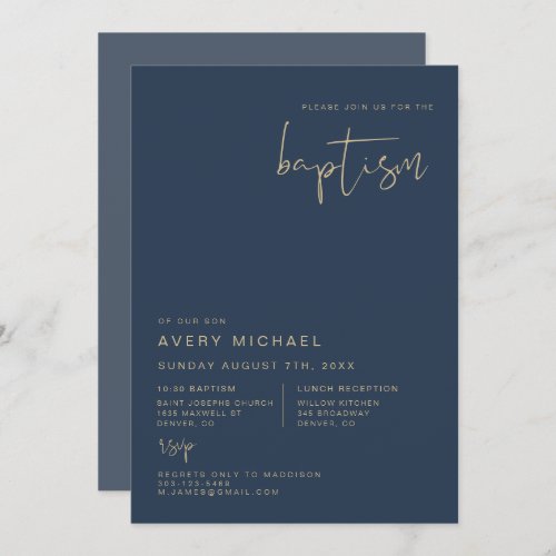 CAITLIN Modern Contemporary Navy and Gold Baptism  Invitation