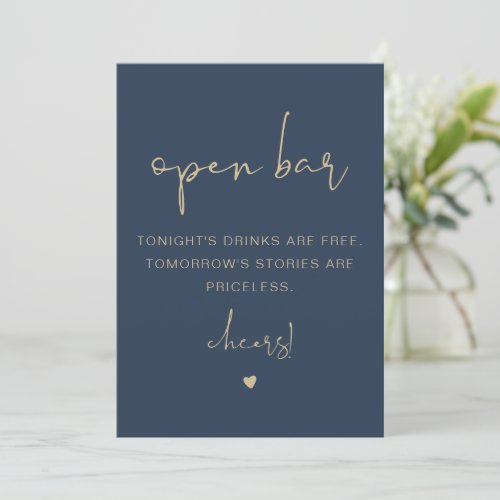 CAITLIN Modern Funny Navy Gold Open Bar Sign Invitation