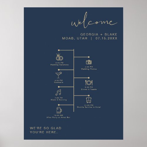 CAITLIN Modern Navy and Gold Wedding Icon Timeline Poster