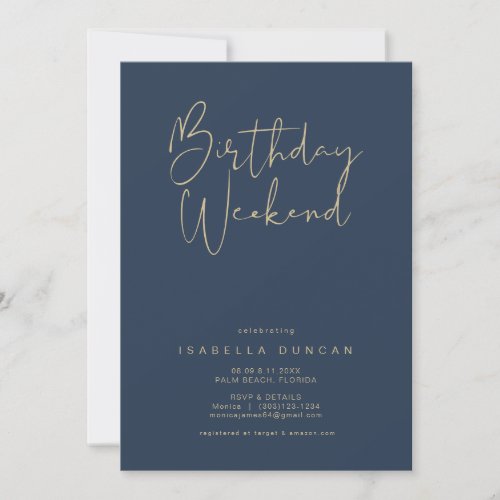 CAITLIN Modern Navy Birthday Weekend Itinerary  Invitation