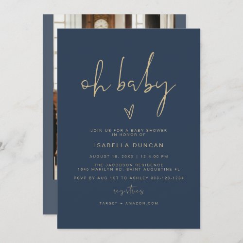 CAITLIN Modern Navy Blue and Gold Oh Baby Shower  Invitation