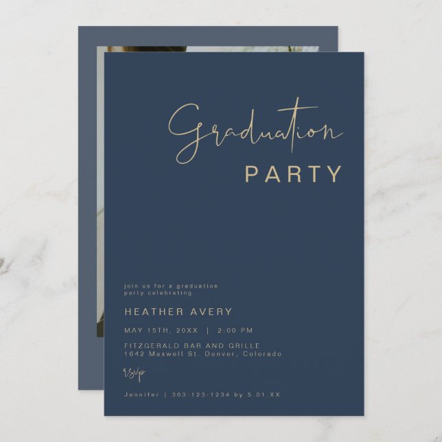 CAITLIN Modern Navy Blue Graduation Party  Invitat Invitation (Front/Back)