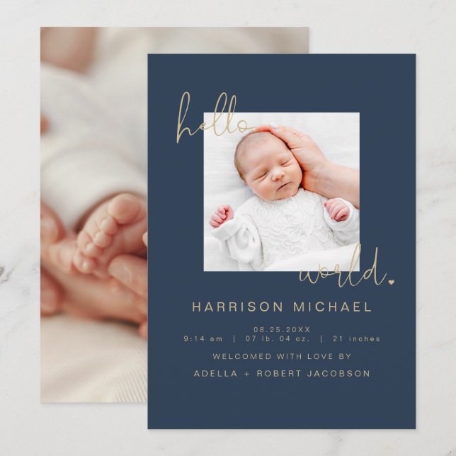 CAITLIN Modern Navy Newborn One Photo Announcement (Front/Back)