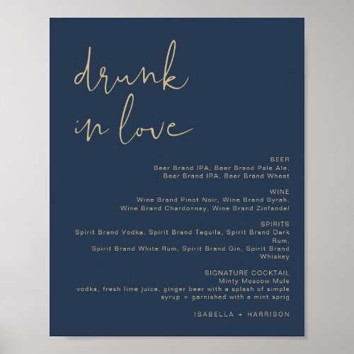 CAITLIN Navy and Gold Drunk in Love Bar Menu Sign