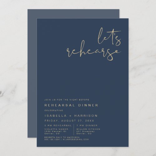 CAITLIN Navy and Gold Modern Rehearsal Dinner Invi Invitation