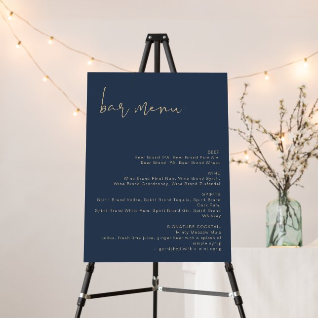 CAITLIN Navy and Gold Modern Wedding Bar Menu  Foam Board (In Situ (Stand))