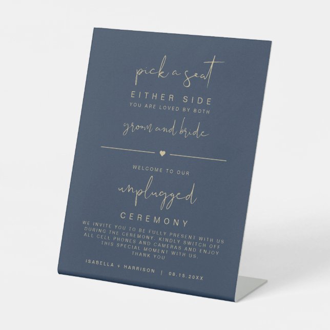 CAITLIN Navy and Gold Pick a Seat Unplugged Pedestal Sign (Front)