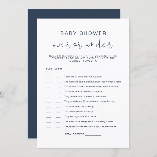 CAITLIN Navy Blue Over Under Baby Shower Game Invi Invitation