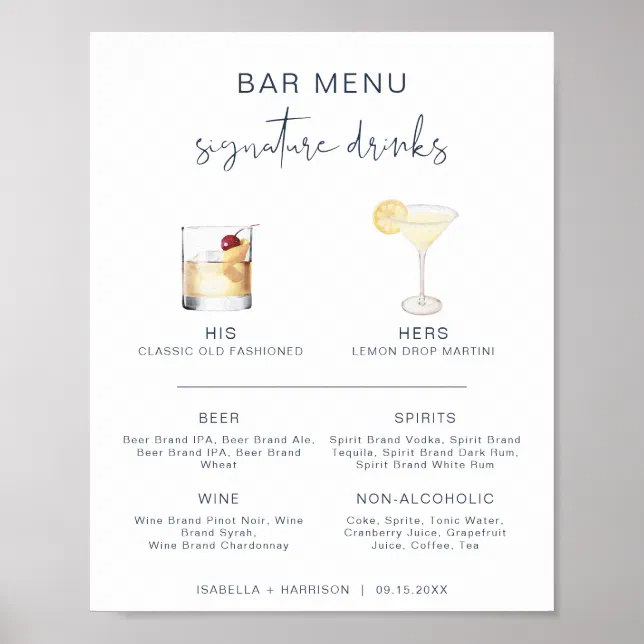 Caitlin Navy Cocktail Signature Drink Bar Menu Poster 