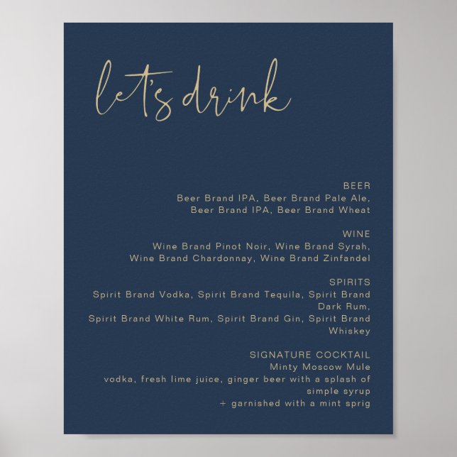 CAITLIN Navy & Gold Let's Drink Bar Menu Sign (Front)