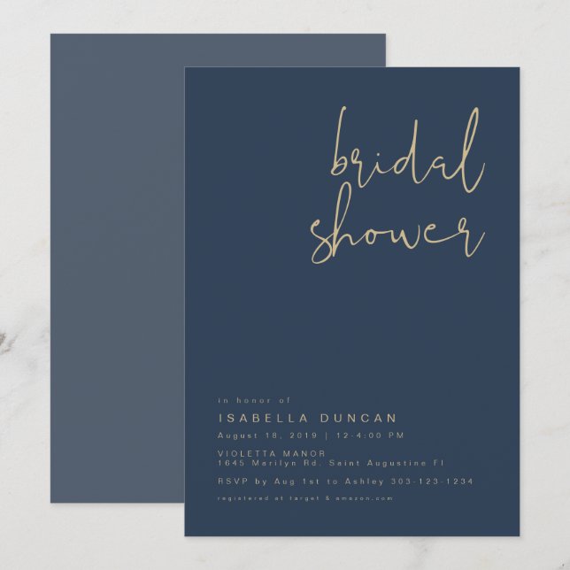 CAITLIN- Navy Gold Modern Minimal Bridal Shower Invitation (Front/Back)