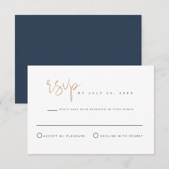 CAITLIN- Navy Gold Modern Minimalist Wedding RSVP Invitation (Front/Back)