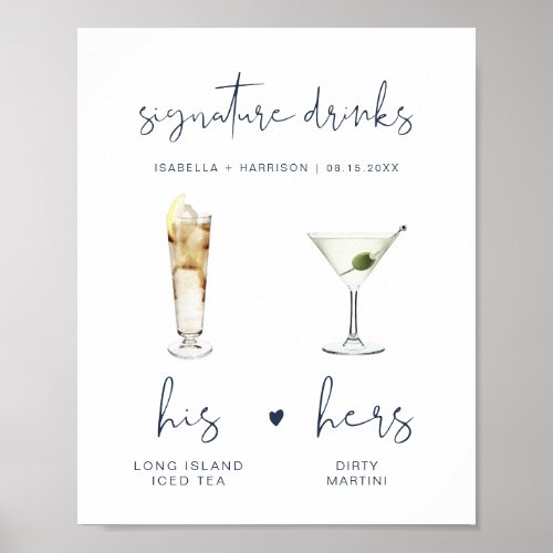 CAITLIN Navy Modern Signature Drink Wedding Bar Poster