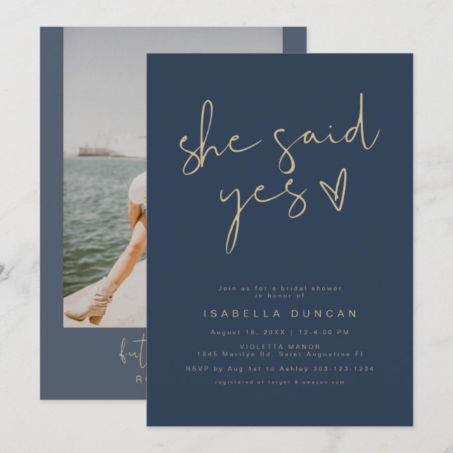 CAITLIN Navy She Said Yes Modern Bridal Shower Inv Invitation (Front/Back)