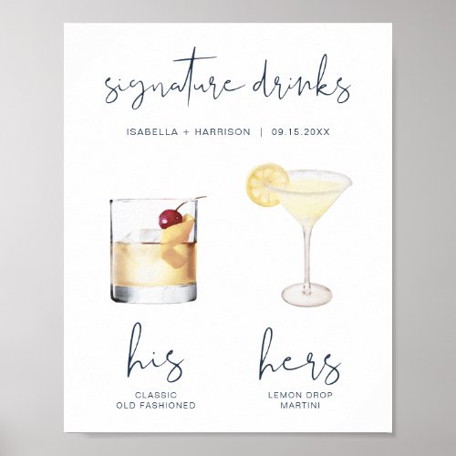 CAITLIN Navy Watercolor Cocktail Signature Drink Poster