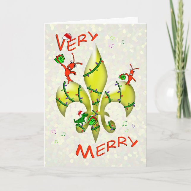 Cajun Crawfish Fleur de Lys Very Merry Christmas Holiday Card (Front)