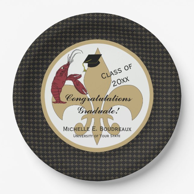 Cajun Crawfish Graduation in Black and Gold Paper Plates (Front)