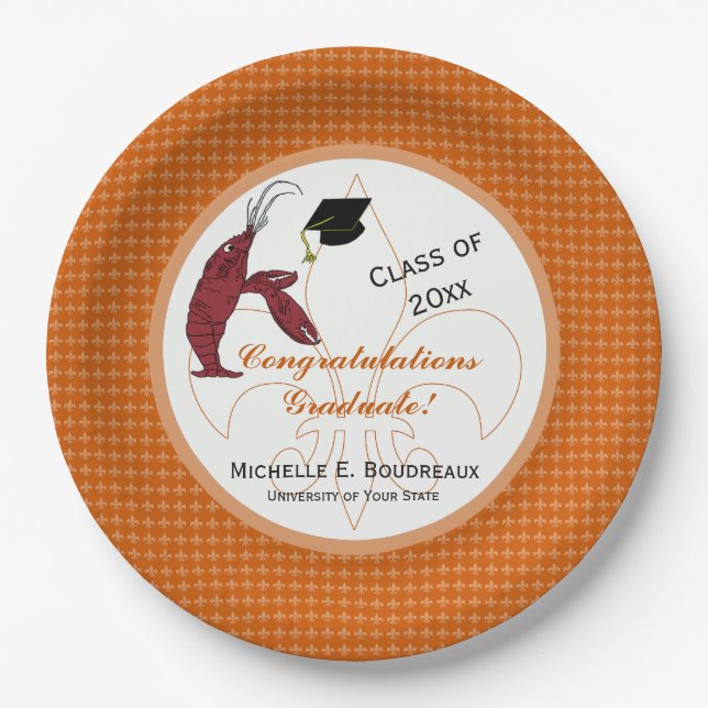 Cajun Crawfish Graduation in Orange and White Paper Plates (Front)